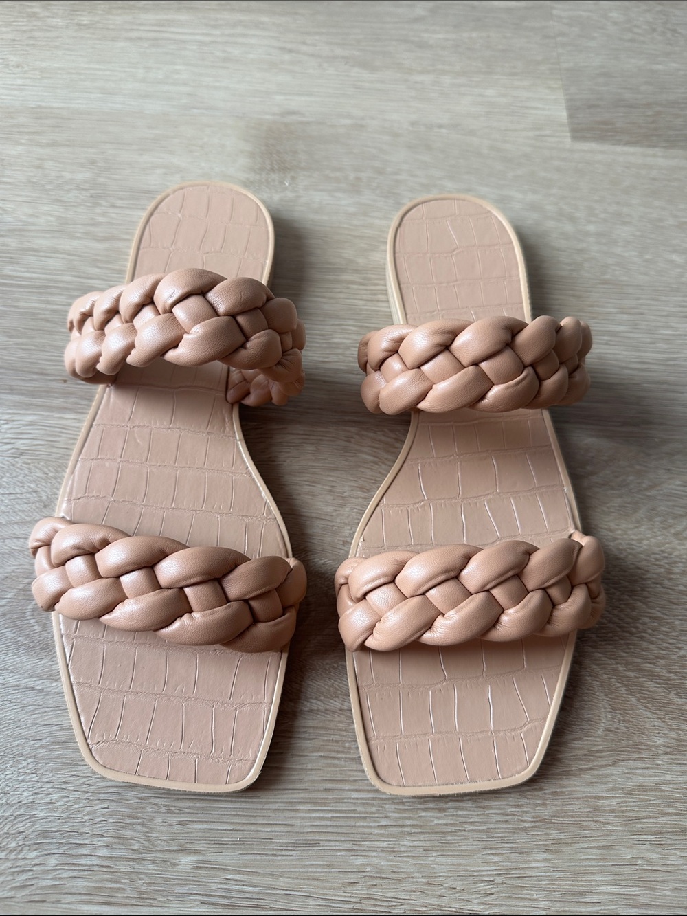 Braided Double-Strap Slide Sandals in Nude